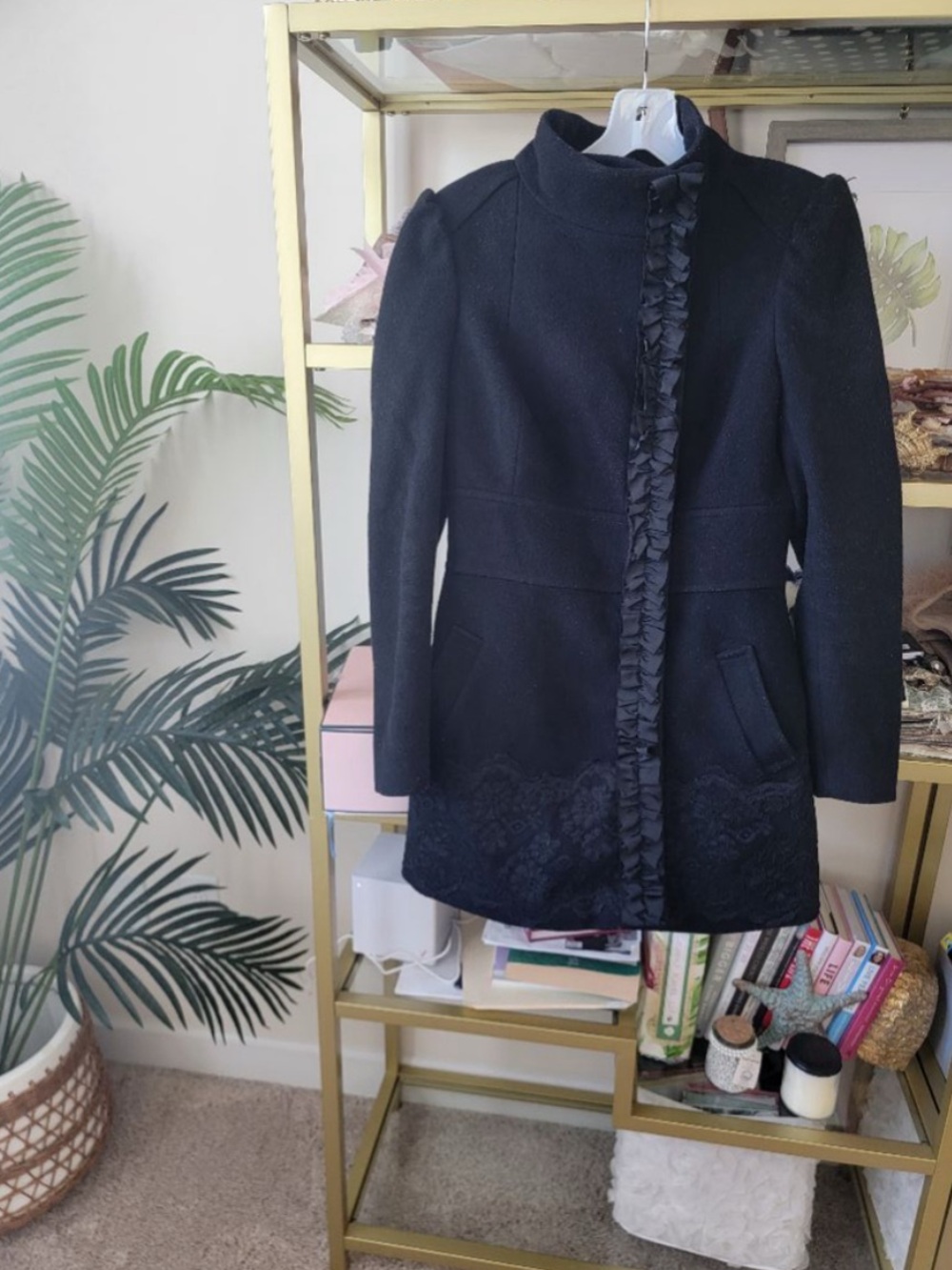 BEBE Black Wool Blend Military Coat w/ Lace Hem & Ruffle Trim - Picture 6 of 7